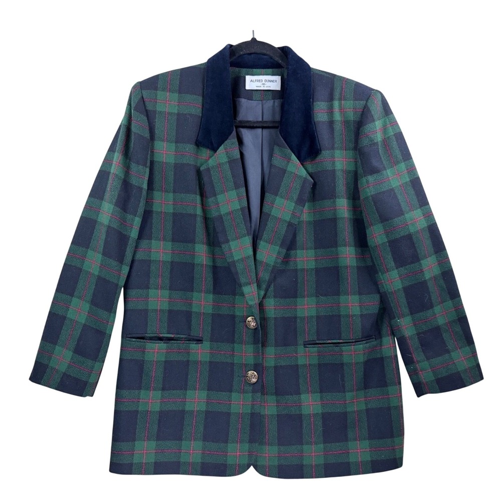 Alfred Dunner Blazer Women Size 10 Green‎ Navy Plaid Excellent Velvet Collar USA